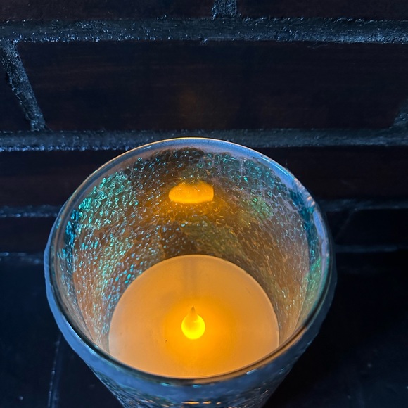 8” Iridescent glass mosaic teal flickering flameless candle - Picture 4 of 7